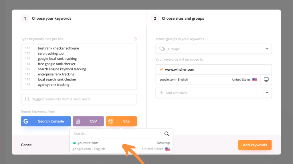Choose a website to import keywords that you want to track from