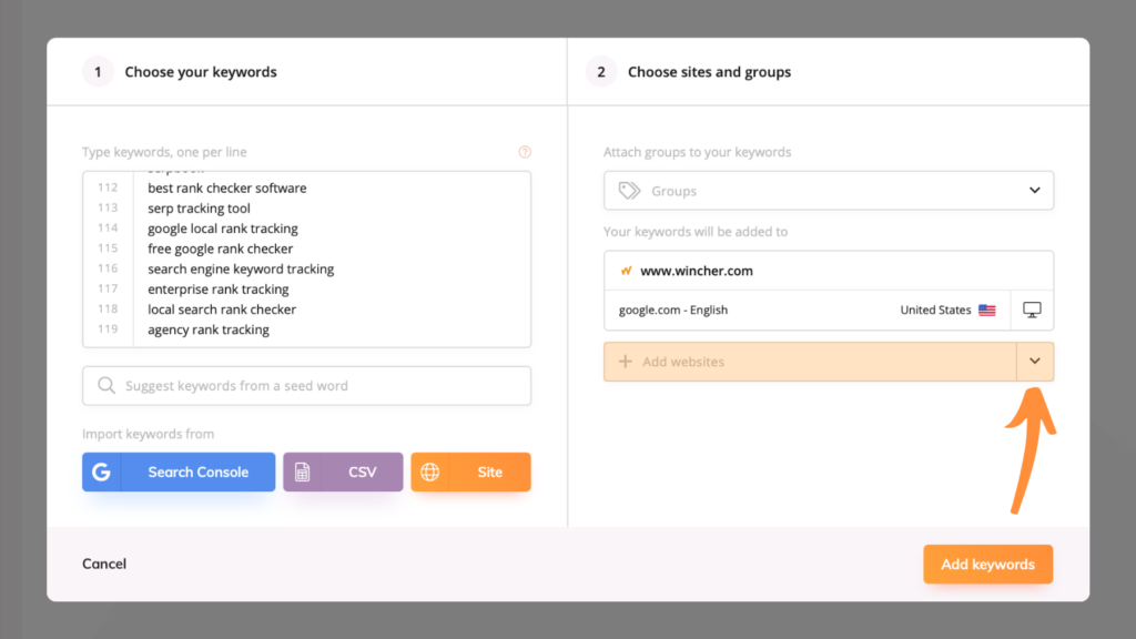 Click on the arrow shown to add keywords to a multiple websites