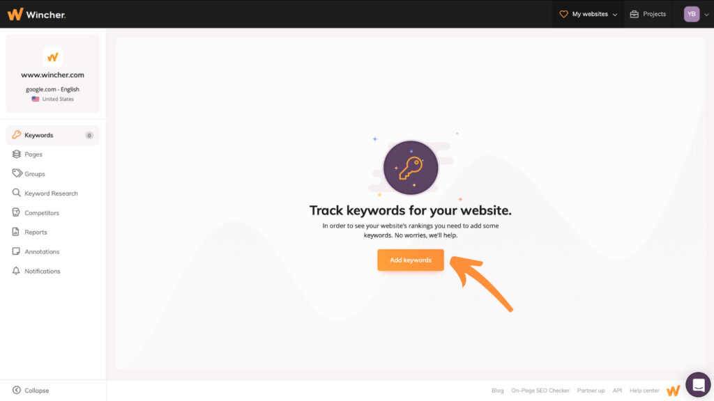 Click on add websites button to enter a keyword module and track keyword positions here later