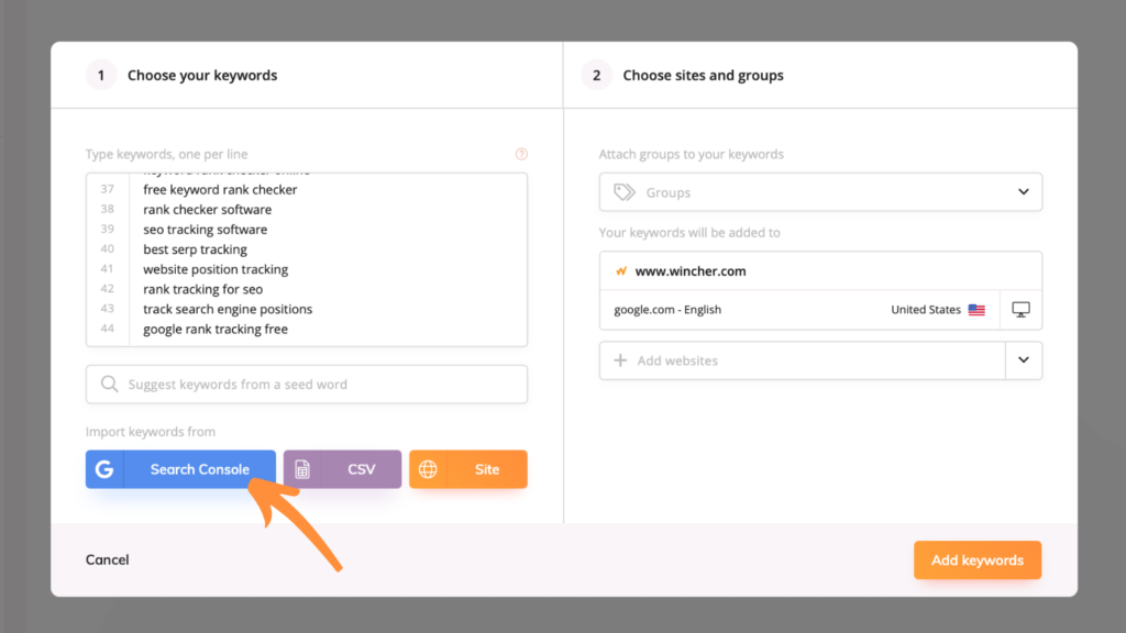 import from google search console to track keyword positions