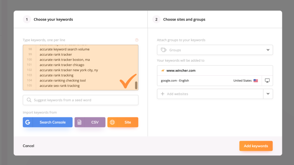 How imported keywords from google search console look like to make it possible to track keyword positions for them 