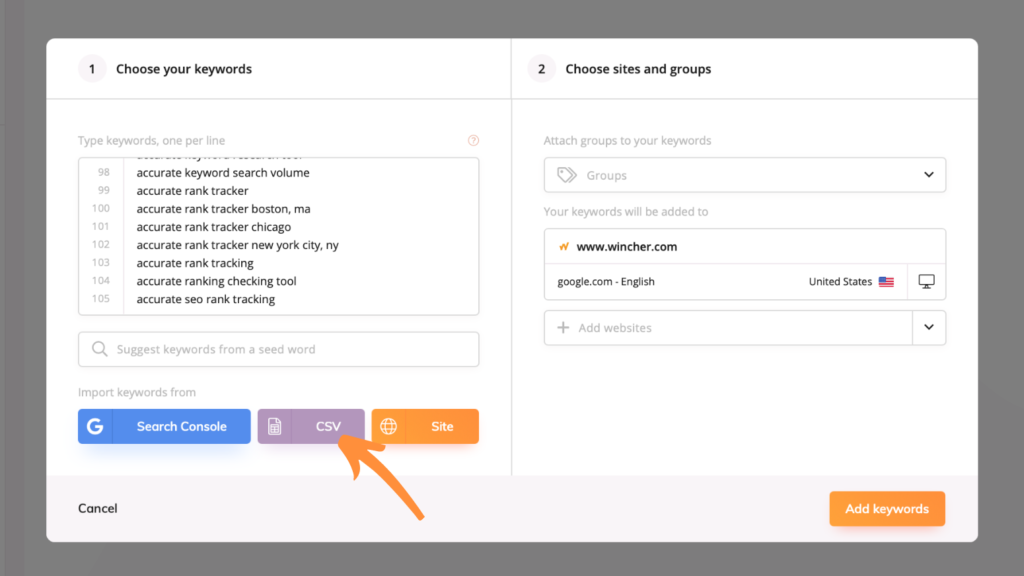 Click on CSV to import keywords directly from a file