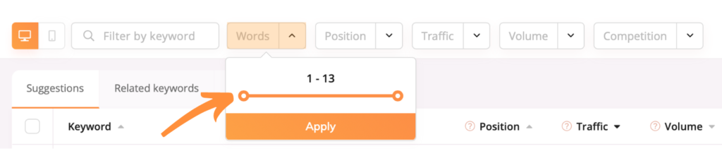 Filter keywords by the number of words while researching keywords