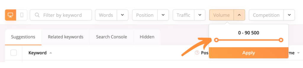 Filtering out keywords by the search volume while researching keywords