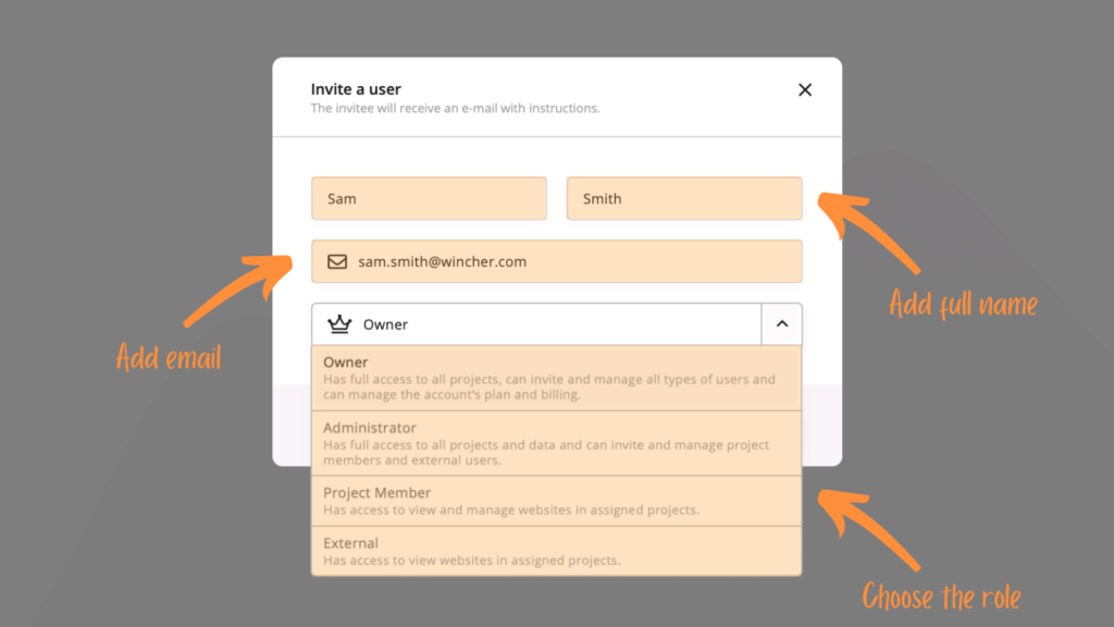 Screenshot that shows how to give your user a name, send an invitation, and what role to assign 