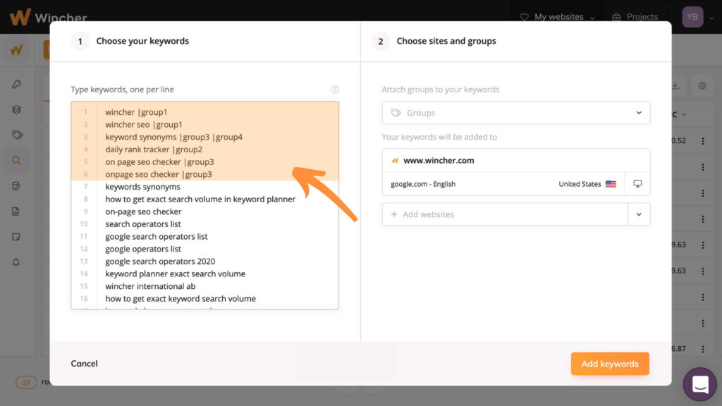 Screenshot explaining hot to attach groups to keywords after keyword research