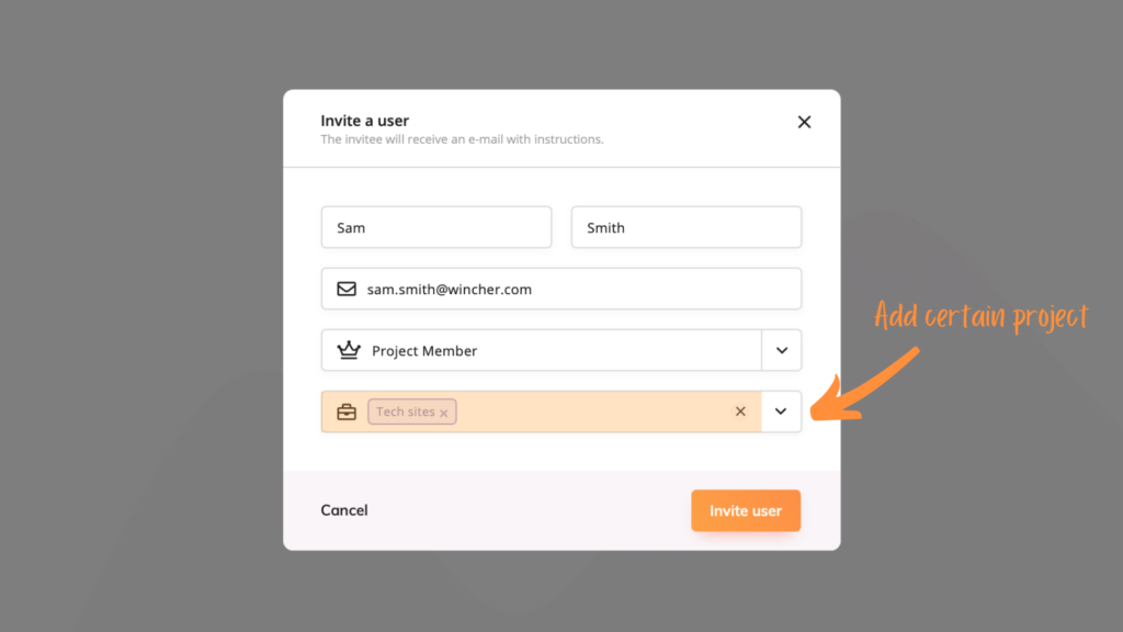 Screenshot shows how to add user permission to a specific project 