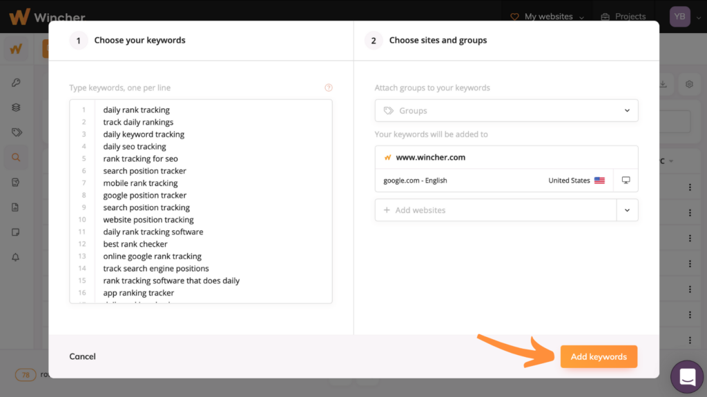 Attach groups and add keywords to other websites example screenshot