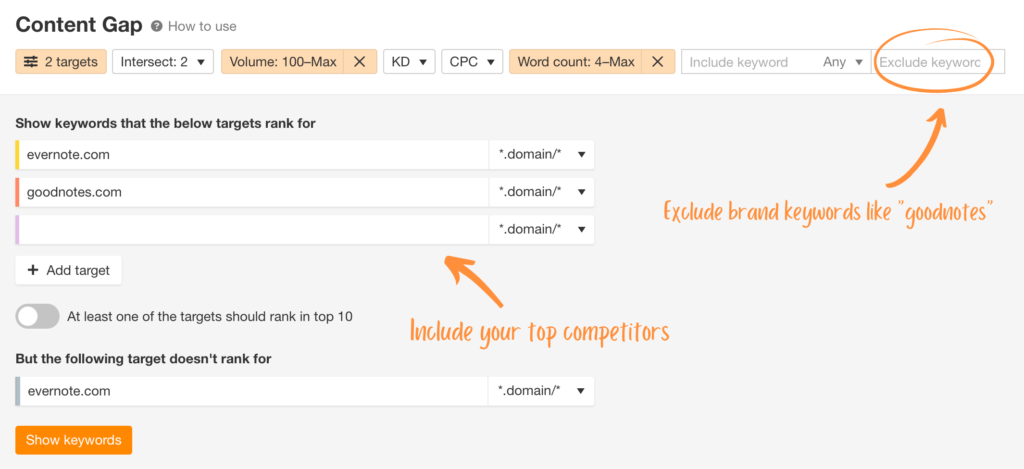 Filtering the content gap keywords to get the most accurate information about your Competitors Keywords